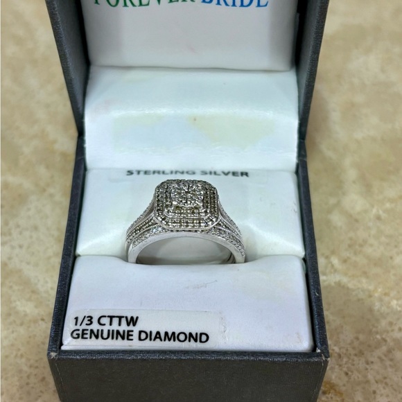 Forever Bride Genuine Diamond Engagement Wedding Band Set - Picture 4 of 11